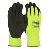 Close-up of a PIP PowerGrab Thermo Hi-Vis Acrylic Terry Glove 41-1405, featuring bright yellow-green fabric and black Latex MicroFinish Grip on the palms and fingers. The back is adorned with text and symbols that display product information, safety certifications, and cold weather protection details.