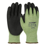 Two PIP PosiGrip Seamless Gloves by Protective Industrial Products feature a green fabric exterior with nitrile foam-coated palms and fingers. One glove is displayed palm up, showcasing the grip texture, while the other reveals the back with printed safety certifications and size label. These cut-resistant gloves are designed for durability and protection.