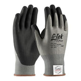 Introducing the PIP G-Tek Xrystal NeoFoam Coated Gloves 16-X570, providing advanced cut and abrasion resistance. These gray gloves, with distinctive black palms and fingertips, display safety ratings on the back to ensure dependable protection in industrial settings. Perfect for those in search of durable hand safety solutions. Available in a pack of 12 pairs from Protective Industrial Products (PIP).