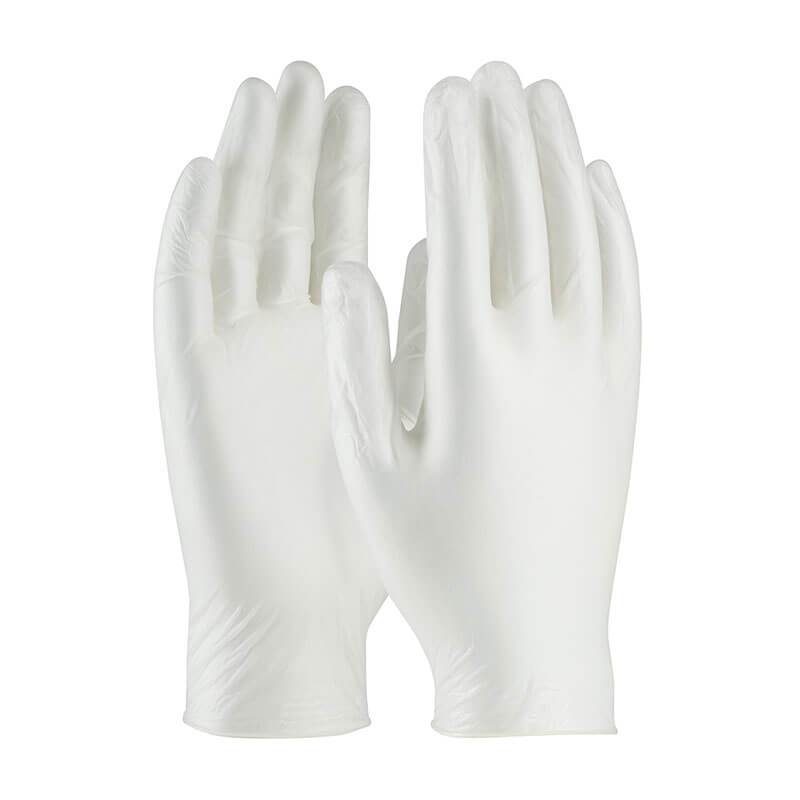 A pair of PIP Ambi-dex Industrial Disposable Vinyl Powder Free Gloves, presented upright with fingers extended against a plain white background. Ideal for food handling, these gloves from PIP - Protective Industrial Products guarantee safety and cleanliness in any setting.