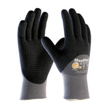 Displayed is a pair of black PIP MaxiFlex Endurance w/Nitrile MicroFoam Gloves, model 34-845, featuring textured palms and gray cuffs. One glove showcases the front with the brand logo and product details, while the other reveals the back with its Nitrile Coated MicroFoam grip. These gloves are also touchscreen compatible.