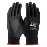 A pair of PIP G-Tek Knit Nylon Blend Gloves with PU Coated Flat Grip (33-B125) in black, featuring ANSI and EN388 cut resistance ratings indicated by text and symbols. These nylon gloves have a seamless knit design and polyurethane coating, offering both safety and a tactile grip.