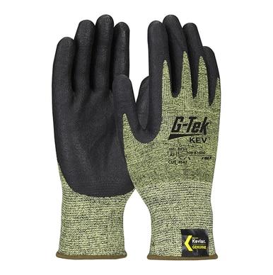 The PIP G-Tek Kevlar Touch Screen A7 Cut-Resistant Gloves (12 pairs) 09-K1600 showcase a green textured fabric with a black nitrile coated foam grip, offering exceptional protection and durability. Featuring "G-Tek Kev" on the back and a small Kevlar logo on the cuff, these gloves are also touch screen compatible for versatile use.