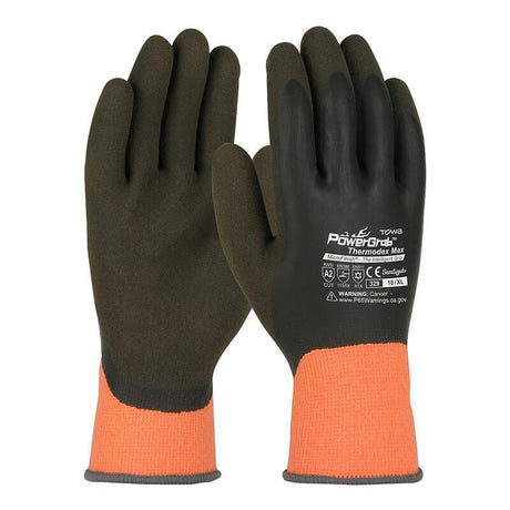 A pair of PIP PowerGrab Thermodex Hi-Vis gloves in black and orange, produced by Protective Industrial Products, with safety certifications printed on the back. These gloves feature a Latex MicroFinish Grip coating for enhanced grip.