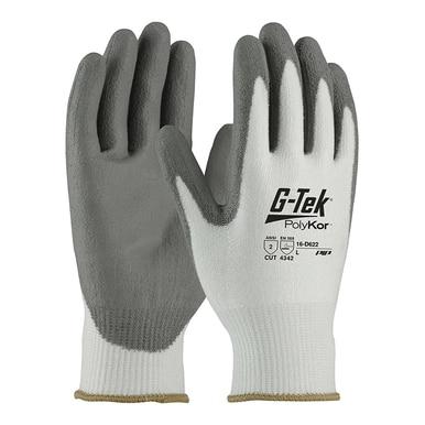 The G-TEK CR Great White 13 Gauge PolyKor Gloves 16-D622 by PIP - Protective Industrial Products offer gray polyurethane-coated palms with white backs. These gloves are cut-resistant, provide a comfortable fit, and are perfect for industrial or construction use.