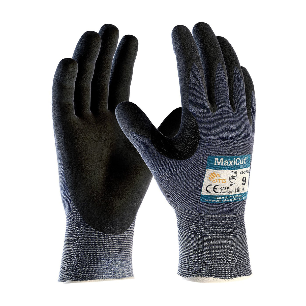 These PIP Maxicut Ultra gloves, labeled "MaxiCut" in blue on the back and available in black and grey, are nitrile-coated for durability and cut-resistance. They are designed for heavy-duty tasks while being touchscreen compatible, featuring size and safety certifications to ensure reliable use.