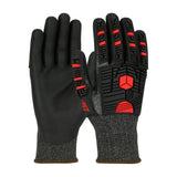 The PIP G-Tek PolyKor X7 Impact Protection NeoFoam Coated 16-MP785 work gloves feature two protective gloves with black NeoFoam-coated palms and textured fabric backs, enhanced with red rubber cushioning on the knuckles and fingers for impact protection. The elasticized cuffs ensure a secure fit. This product is from the PIP - Protective Industrial Products brand and comes in a set of 6 pairs.