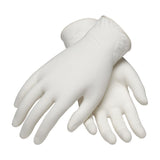 A pair of white PIP Food Grade Disposable Non-Latex Synthetic Gloves 64-465PF (10/case), featuring a smooth texture, is displayed crossed against a plain white background. These powder-free gloves from PIP - Protective Industrial Products are ideal for ensuring hygiene and safety in food preparation or any sterile environment.