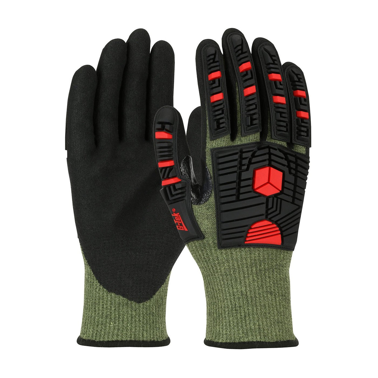 The PIP G-Tek PolyKor X7 Impact Protection NeoFoam MicroSurface 16-MP935 gloves, in black and green with red accents, offer impact protection. They feature a NeoFoam MicroSurface Grip on the palm and red padded patterns on the back for added reinforcement. These gloves from PIP – Protective Industrial Products are perfect for safety or industrial use, ensuring maximum durability and reliability.