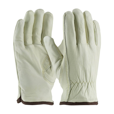 The PIP Economy Top Grain Cowhide Leather Drivers Glove 77-265 offers a cream-colored design with brown trim on the cuffs, set against a plain white background. Highlighting the Keystone Thumb design and detailed stitching, these gloves from Protective Industrial Products (PIP) include a natural thermal lining, ideal for outdoor or work use.