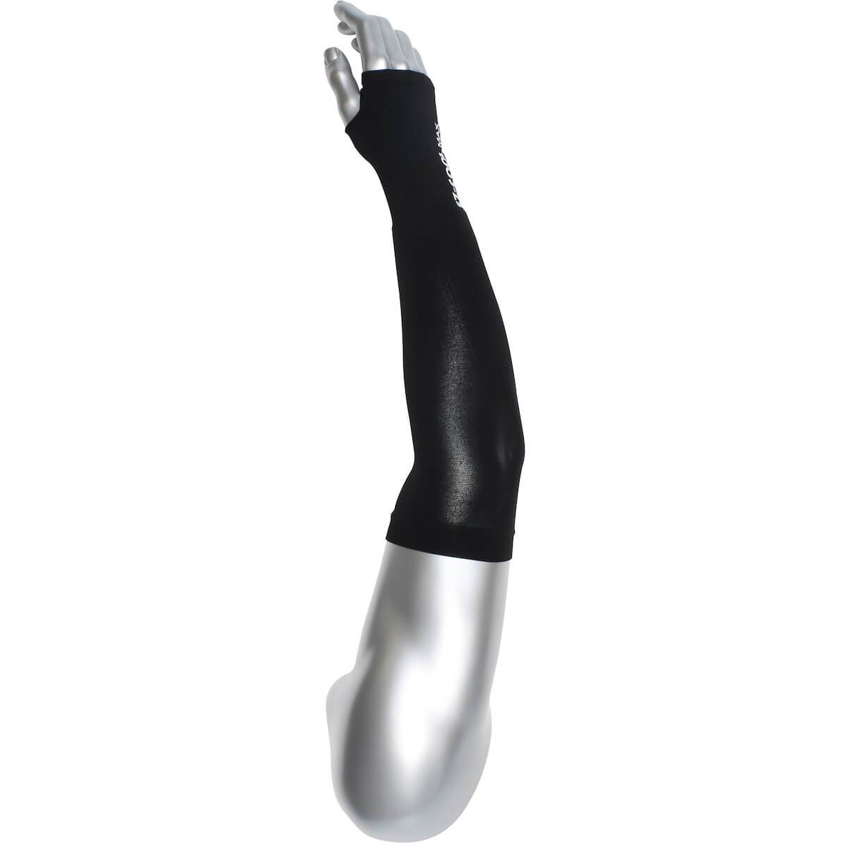 A mannequin arm with a metallic shine is displayed wearing the PIP EZ-Cool Max Evaporative Cooling Sleeve from Protective Industrial Products. This long, black sleeve, which extends from the fingertips to just above the elbow, provides UV protection and features a smooth and fitted appearance.