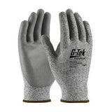 A pair of grey PIP PolyKor Blended Polyurethane Coated Gloves 16-150, branded by Protective Industrial Products (PIP), featuring a textured surface for enhanced grip and brown trimmed cuffs. These gloves offer superior mechanical hazard protection suitable for industrial or construction use.