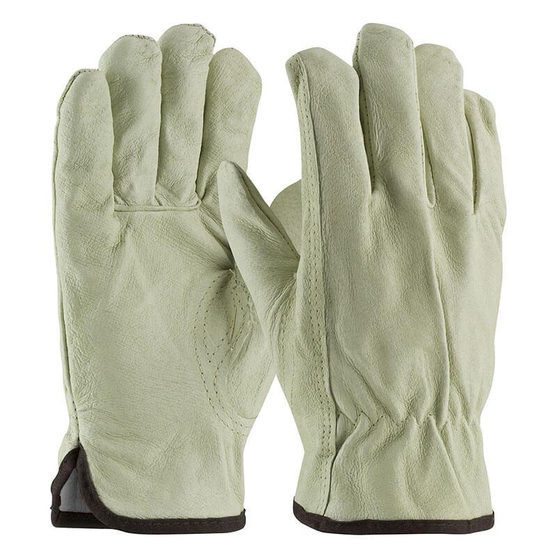 A pair of PIP Premium Top Grain Pigskin Leather Drivers Gloves 77-469, in light green with dark trim at the cuffs and featuring 3M Thinsulate lining for warmth, is laid flat on a white background.