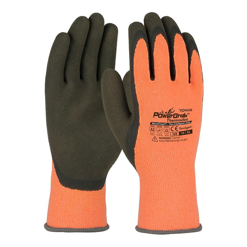 The PIP PowerGrab Thermodex Hi-Vis Gloves by Protective Industrial Products feature an orange and black design with text printed on the back and safety symbols and specifications on the outer side. These gloves are equipped with a Latex MicroFinish Grip and a Water Repellent Liner, providing reinforced durability. The product is showcased on a plain white background.