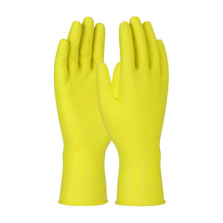 The PIP Grippaz Jan San Gloves 67-306, brought to you by PIP - Protective Industrial Products, are a pair of bright yellow, tear-resistant rubber gloves designed to stand upright with palms facing inward. Featuring a textured surface for enhanced grip performance, these gloves are perfect for dishwashing and other cleaning tasks.