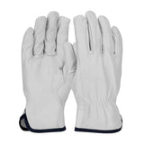 The PIP Industry Grade Goatskin Drivers with Cotton Lining (77-3600) from Protective Industrial Products are showcased as a pair of gloves. They feature a white goatskin leather design with black trim, perfect for cold weather use. Displayed are both gloves—one showing the palm and the other displaying the back—highlighting their gathered wrists that ensure a snug fit.