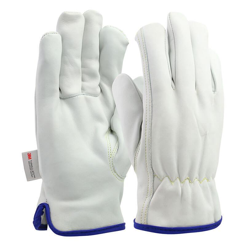 A pair of PIP Premium Top Grain Cowhide Leather Drivers Gloves 77-269, featuring white cowhide leather with blue trim and a small red tag on the side. These gloves are designed with reinforced stitching, padded palms, and a keystone thumb for enhanced comfort. They are positioned with one glove facing forward and the other backward.