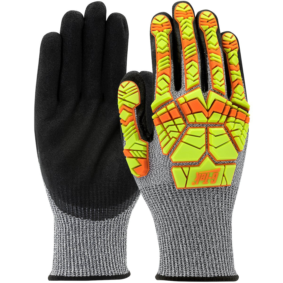 The PIP G-Tek PolyKor Gloves, from Protective Industrial Products, feature a black palm-side with Nitrile MicroSurface Grip for improved handling. The back-side is adorned with vibrant fluorescent yellow and orange pads. These intricately segmented gloves provide excellent impact protection while ensuring flexibility.