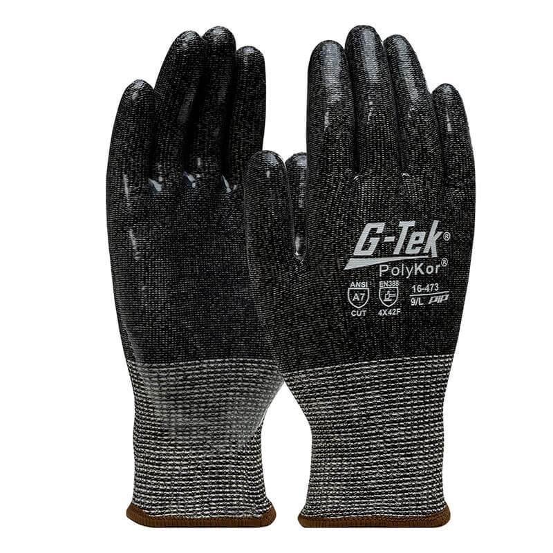 Displayed are the PIP G-Tek PolyKor Gloves, featuring a silicone-coated grip and a textured surface, with markings showcasing cut resistance level A7. These gloves are offered in black and gray.