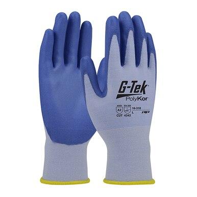 A pair of PIP G-Tek PolyKor gloves with blue latex-coated palms and gray fabric on the back and cuffs. Ideal for cut resistance, these gloves feature product details printed on the back, ensuring you always have essential information at hand.