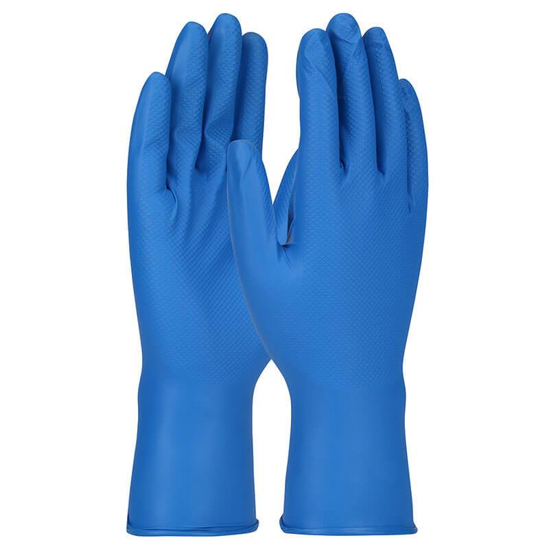 The PIP Grippaz Food Plus Nitrile Gloves with Textured Fish Scale Grip (67-308) are shown standing upright against a white background. These blue gloves, from Protective Industrial Products, boast a textured fish scale grip surface, making them ideal for tasks that demand improved grip and protection.