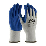 These PIP G-TEK GP Seamless Crinkle Grip Gloves 39-1310 (12 pairs) feature blue rubber palms with a robust latex crinkle coating, ensuring high resistance to abrasion, cuts, tears, and punctures. The gray fabric back displays "G-Tek GP," providing comfort with elasticized cuffs finished in brown.