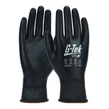 A pair of black PIP G-Tek VR-X Cut Protection PolyKor Gloves, model 16-VRX380, designed by Protective Industrial Products. These gloves feature a seamless knit PolyKor construction for enhanced cut protection, with the logo and specifications printed on the back. They are touchscreen-compatible and provide a snug fit with elastic cuffs, making them ideal for protective use.