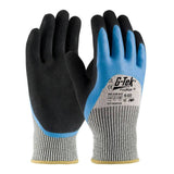 Introducing the PIP G-Tek PolyKor Gloves, crafted with a seamless knit design for superior comfort. These premium work gloves feature black palms with a Latex MicroSurface Grip to enhance handling and blue backs. The distinctive grey and white striped cuffs prominently showcase the "G-Tek" branding along with essential product information. Available in packs of 12 pairs, these gloves are designed by Protective Industrial Products (PIP).