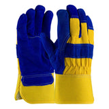 The PIP Premium Split Cowhide Leather Palm Glove 78-7863B offers rugged durability with its industrial design. These work gloves are made by PIP - Protective Industrial Products, featuring reinforced areas, a blue and yellow leather construction, elasticized cuffs, and a fleece pile lining. They are perfect for cold weather work environments.