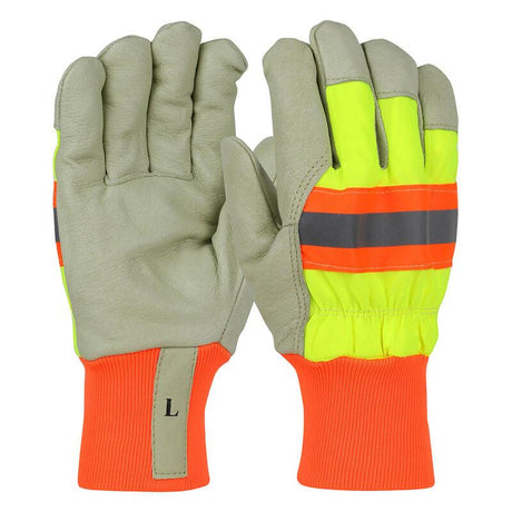 The PIP Premium Pigskin Leather Palm Glove w/Nylon Hi-Vis Back HVY1555, offered by Protective Industrial Products, is ideal for cold weather use. These gloves have gray leather palms and fingers, complemented by a neon green back with reflective orange and gray stripes. The bright orange wrist cuffs enhance visibility, and there is a "L" size label on one of the gloves.