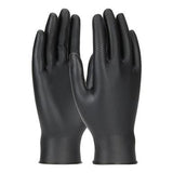 A pair of PIP Grippaz Skins Gloves 67-246 in black, made with textured nitrile and featuring a fish scale design for enhanced grip. The gloves are displayed upright and side by side, showcasing both the front and back.