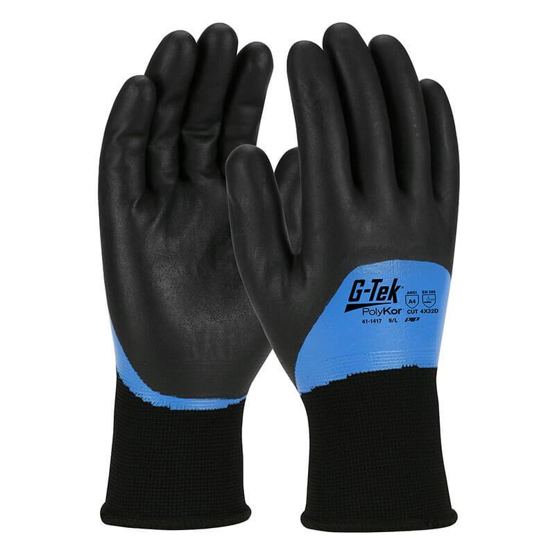 A pair of PIP G-Tek PolyKor gloves, featuring an acrylic liner and a double-dipped nitrile foam grip on the palms for enhanced control and safety. These black gloves come with a blue band at the wrist, offer cold weather protection, and are touchscreen-compatible.