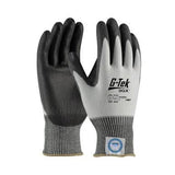 The PIP G-Tek 3GX Dyneema White Gloves 19-D324 (12 pairs) offer a polyurethane-coated palm for improved grip and incorporate Dyneema Diamond Technology for exceptional cut resistance. They feature textured black grips, gray backs, ribbed cuffs, and display their safety ratings along with a stylish logo on the wrist.