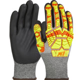 The PIP G-Tek PolyKor Glove w/Hi-Vis Impact & Nitrile Foam 16-MP230HV combines style and safety with its black nitrile foam-coated palms and impact protection. Featuring a textured gray fabric, the gloves boast a striking geometric pattern in yellow and orange, accented by the PIP logo on the back of one glove.