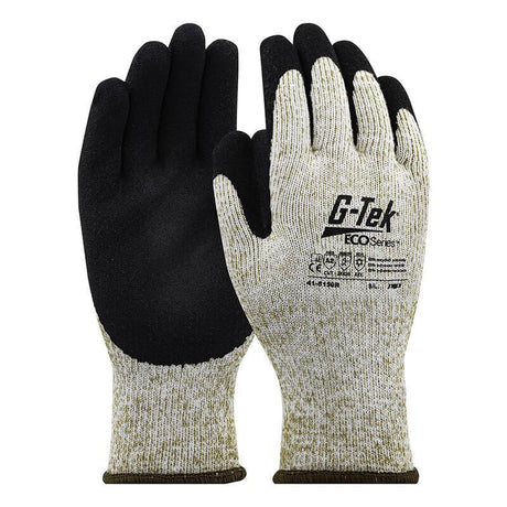 Shown here are the PIP G-Tek ECO gloves, featuring a recycled yarn construction with black palms and fingers enhanced by a latex microsurface grip. The back and cuffs boast gray fabric, while one glove displays text and symbols indicating safety and material details.