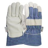 The PIP Premium Pigskin Leather Palm Glove 78-3927, offered by Protective Industrial Products, features white pigskin leather palms with a blue-green striped fabric on the back and safety cuffs. These work gloves also include reinforced knuckles for enhanced durability and have a label on each wrist for easy identification.