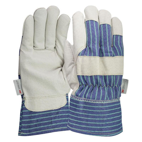 The PIP Premium Pigskin Leather Palm Glove 78-3927, offered by Protective Industrial Products, features white pigskin leather palms with a blue-green striped fabric on the back and safety cuffs. These work gloves also include reinforced knuckles for enhanced durability and have a label on each wrist for easy identification.