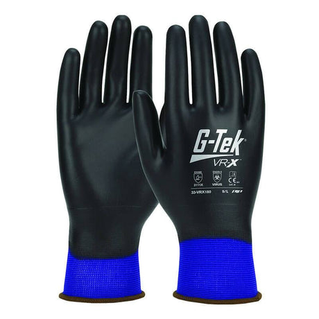 A pair of PIP G-Tek VR-X Nylon Gloves, in black with blue cuffs, is expertly crafted for barrier protection. The front glove proudly displays the "G-Tek VR-X" logo along with safety certifications. These gloves are designed by Protective Industrial Products (PIP) for industrial use and offer touchscreen compatibility for added convenience.