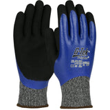 A pair of PIP G-Tek PolyKor Gloves with "G-Tek" branding on the back feature a nitrile microsurface grip designed for enhanced hold. These blue and black gloves, made by Protective Industrial Products, include ribbed cuffs and provide high cut resistance for added safety during challenging tasks.