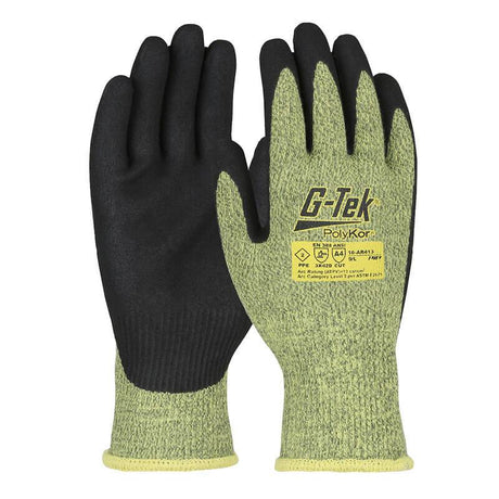 A pair of green and black protective work gloves showcasing the "PIP" branding and safety icons on the back. These PIP G-Tek AR PolyKor/Aramid Blend Gloves, featuring a knitted texture, offer cut resistance and are displayed side by side, providing superior Neoprene Foam Grip for enhanced handling.