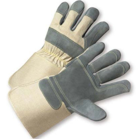 The PIP Superior Grade Split Cowhide gloves, available in a pack of 12 pairs from Protective Industrial Products, feature gray split cowhide leather palms and fingers. These heavy-duty work gloves include beige canvas cuffs for protection and comfort, reinforced stitching for added strength, and a durable rubberized gauntlet cuff.