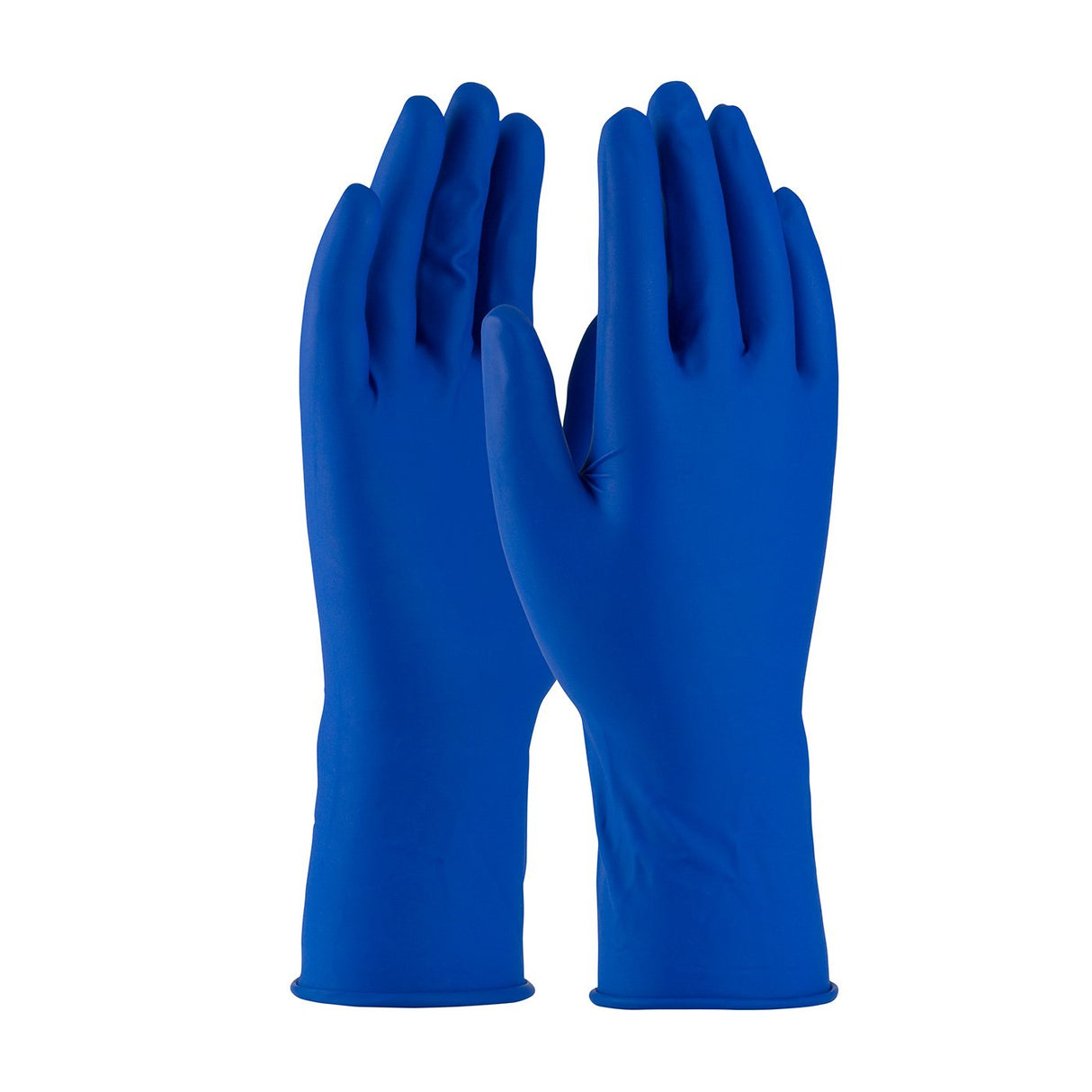 The PIP Ambi-dex Exam Grade Disposable Latex Gloves 2550, displayed upright against a white background, are pristine and smooth in appearance. These bright blue gloves from Protective Industrial Products (PIP) are free of powder, indicating they are new and unused.