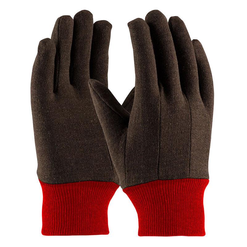 A pair from the PIP - Protective Industrial Products' Reg. Weight Poly/Cotton Jersey Glove with Fleece Lining 750RKW set is displayed side by side, with fingers pointing upwards. These gloves feature a simple design and bright red cuffs, making them perfect for cold weather.