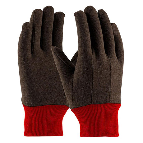 A pair from the PIP - Protective Industrial Products' Reg. Weight Poly/Cotton Jersey Glove with Fleece Lining 750RKW set is displayed side by side, with fingers pointing upwards. These gloves feature a simple design and bright red cuffs, making them perfect for cold weather.