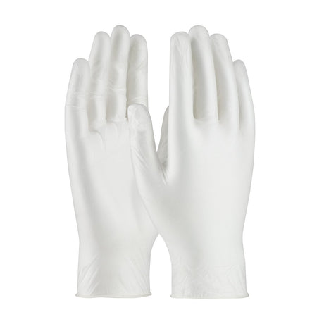 A pair of PIP Premium Grade Disposable Vinyl Gloves 64-465PF is laid out flat against a white background, with the palms facing up. These gloves from Protective Industrial Products are powder-free and designed for FDA food handling compliance, commonly used for hygiene or medical purposes.