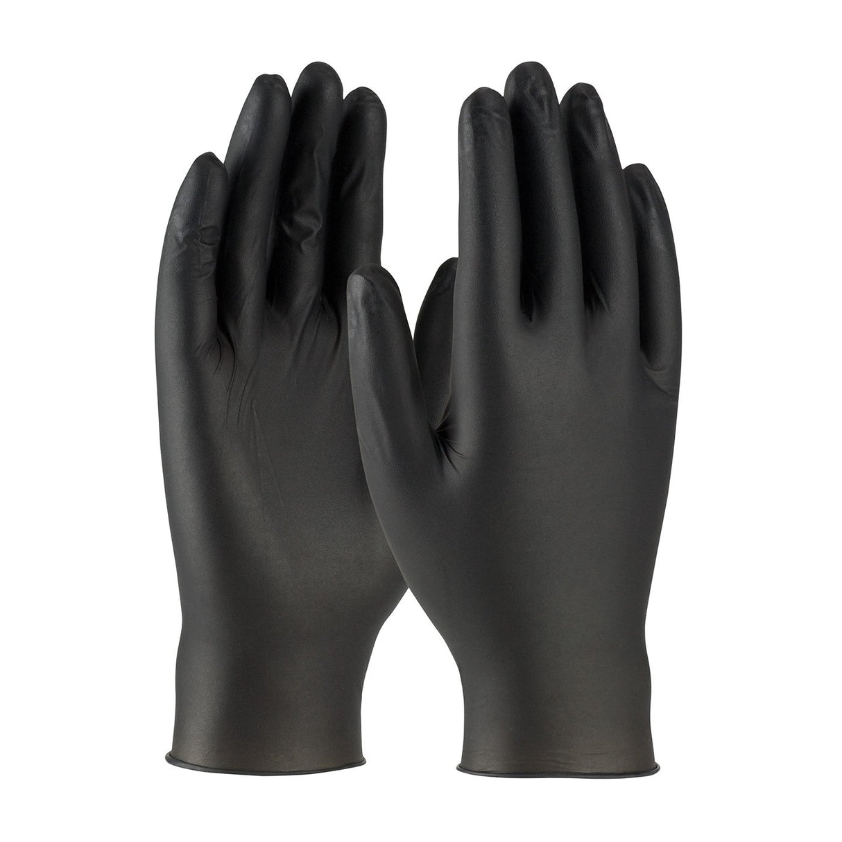 A pair of PIP Ambi-dex Turbo Disposable Nitrile Gloves 2920 in black are held upright against a white background. Known for their powder-free design, these gloves from Protective Industrial Products (PIP) are positioned with one slightly overlapping the other, showcasing their textured grip and form.