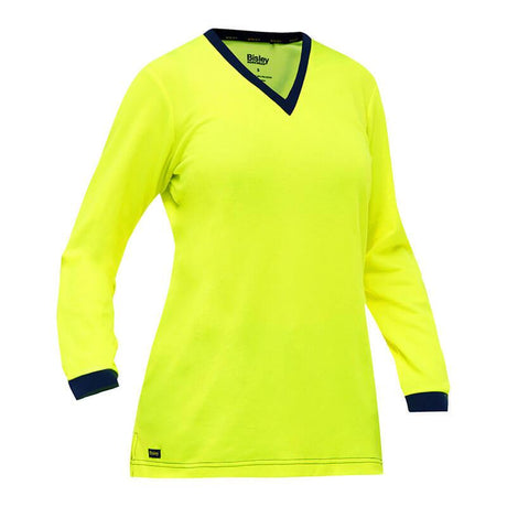 The PIP Bisley Non-ANSI Women's Long Sleeve Shirt 310W6118 by Protective Industrial Products comes in hi-vis yellow and features a V-neck with contrasting black trim on the neckline and cuffs. Made from lightweight fabric, this shirt is perfect for active wear and includes an antimicrobial treatment to keep you fresh throughout the day.