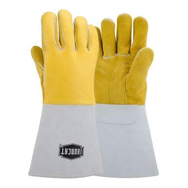 A pair of heavy-duty PIP Ironcat Elkskin Leather Welder's Gloves (9060) featuring yellow leather fingers and palms paired with gray leather cuffs. The gloves are reinforced with Kevlar stitching, showcasing the brand logo on the back of one glove while displaying the front side on the other.