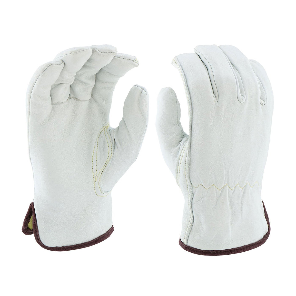 A pair of PIP Economy Top Grain Sheepskin Leather Drivers Gloves featuring light-colored sheepskin leather with brown cuffs is shown. One glove presents the palm, while the other displays the back, both highlighting keystone thumbs. The visible stitching indicates their design for outdoor or work activities.