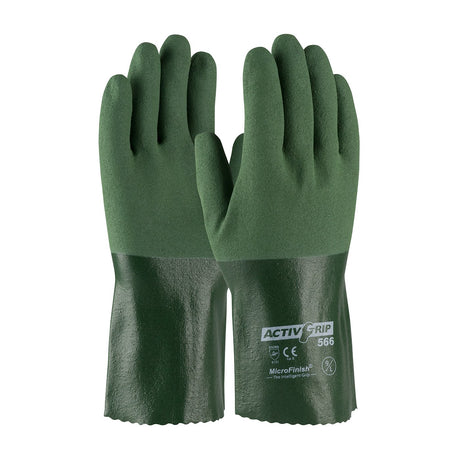 A pair of green PIP ActivGrip nitrile coated gloves, identified as "56-AG566," features reinforced cuffs and EN388 certification. These gloves offer a MicroFinish Grip for improved handling and a textured surface for superior grip.